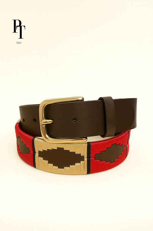 Prestige Tannery Braided Leather Belt – (Brown with Gold & Red Accents)