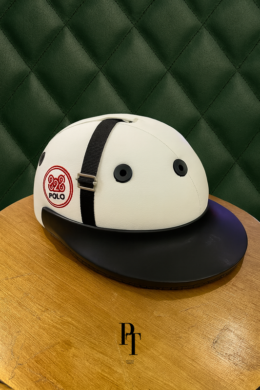 Pro Leather Helmet – White Leather with Black Strap & Black Top