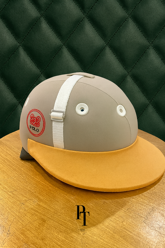 Prestige Tannery Polo Fabric Helmet – Sand Beige with White Strap and Mustard Visor