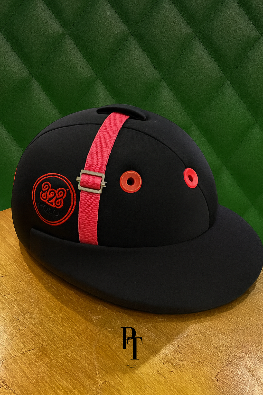 Tannery Polo Fabric Helmet – Black with Pink Strap