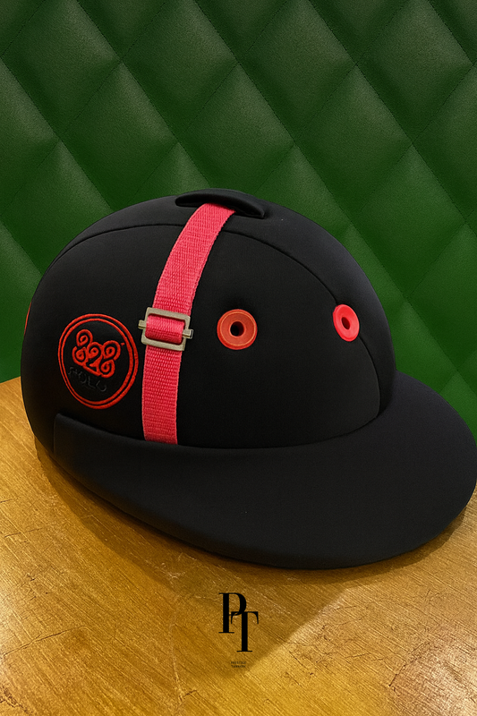 Tannery Polo Fabric Helmet – Black with Pink Strap