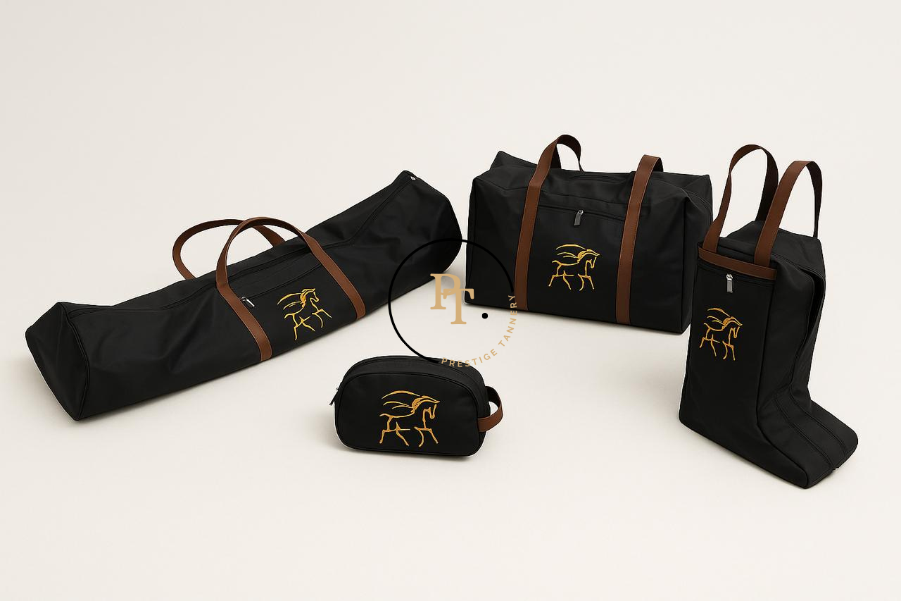 Prestige Tannery Complete Polo Bag Set – Black with Brown Leather (4-Piece)